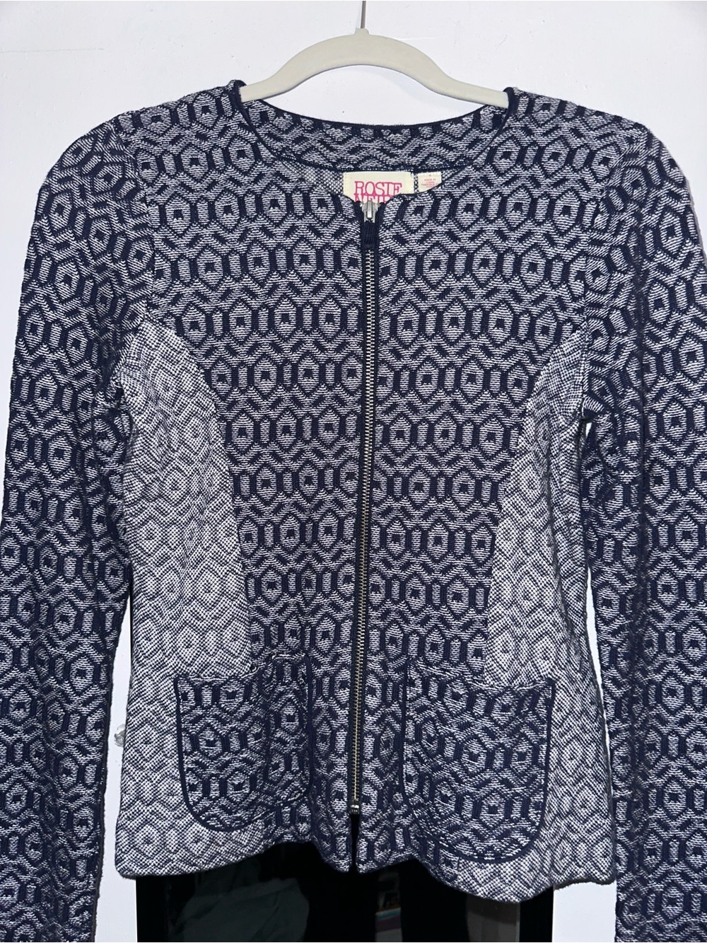 Rosie Neira Navy Blue & White Geometric Knit Zip Front Jacket